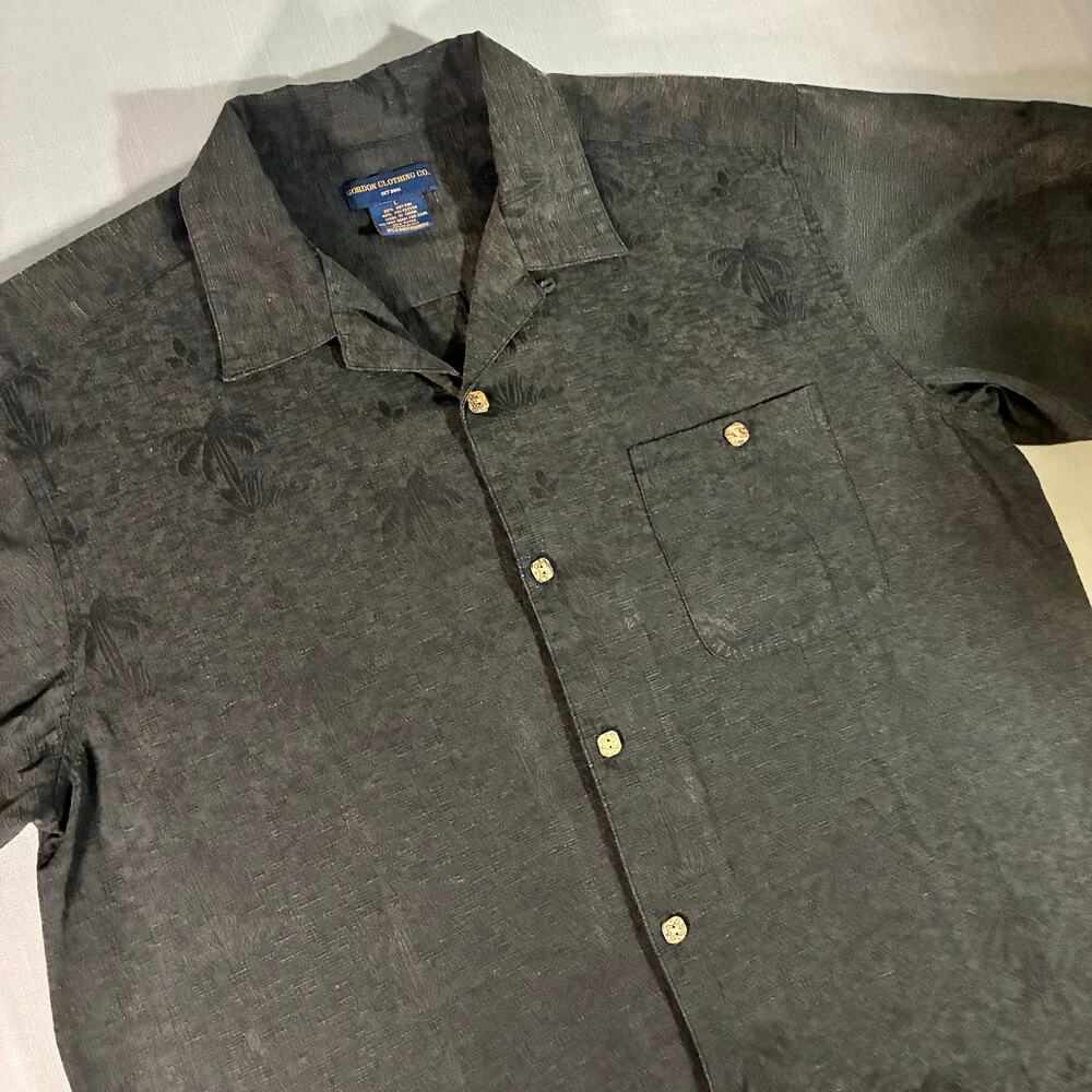 Gordon Clothing Co Camp Shirt Mens Large Black Tonal Palm Jacquard Hawaiian